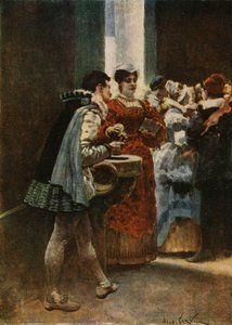 Ved indgangen til en kirke giver Panurge vand til en kvinde. Pantagruel. Illustration af Jules Garnier. I "Rabelais et l