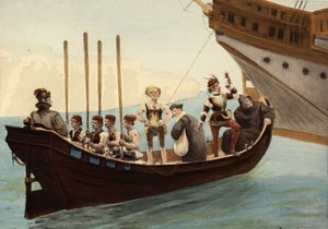 Båd i havnen på øen Papimania. Fra højre mod venstre: en munk, en falkoner, en advokat, en vinproducent fra Orleans. Pantagruel. Illustration af Jules Garnier. I 
