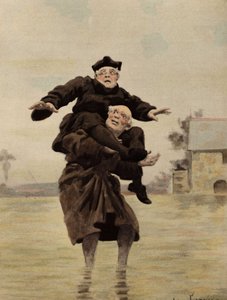 Broder Adam Couscoil bærer broder Ian (Jan) Dodin på sin skulder. Pantagruel. Illustration af Jules Garnier. I "Rabelais et l