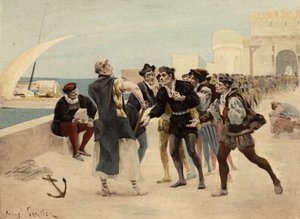 Broder Jean, munk i Seuille-klosteret, tilbyder 20 ecus guld til chiquanous for den, der vil acceptere at blive slået. Pantagruel. Illustration af Jules Garnier. I "Rabelais et l