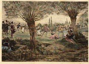 Dansere og musikere under Mardi Gras-festen. Gargantua. Illustration af Jules Garnier. I "Rabelais et l