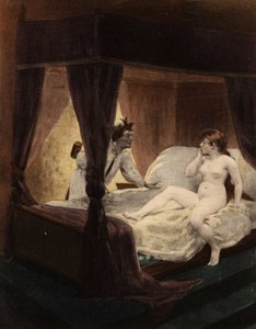 Store Thibeault gemmer en mukkert bag sin ryg. Hans kone ligger på sengen. Pantagruel. Illustration af Jules Garnier. I "Rabelais et l