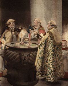I et kapel omgiver tre præster en benitier, hvori en mand er nedsænket. Pantagruel. Illustration af Jules Garnier. I "Rabelais et l