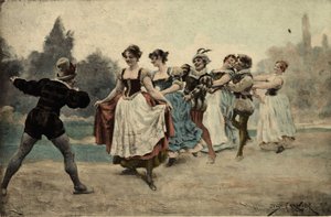 Mænd og kvinder leger med halen på lop (ulvehale). Gargantua. Illustration af Jules Garnier. I "Rabelais et l