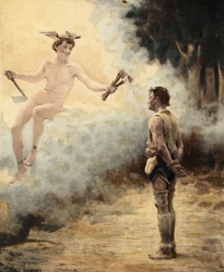 Mercure (Hermes) giver tre økser til Couillatris, en træmand fra landsbyen Gravot nær Chinon. Pantagruel. Illustration af Jules Garnier. I "Rabelais et l