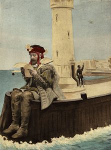 Pantagruel læser et brev fra sin far Gargantua, der sidder ved fyrtårnet på øen Medamothi. Pantagruel. Illustration af Jules Garnier. "Rabelais et l