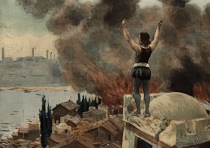 Panurge ser på Mytilene (Tyrkiet) i brand. Pantagruel. Illustration af Jules Garnier. I "Rabelais et l