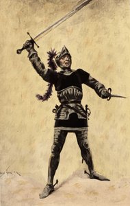 Picrochole, konge af Lerne, iført rustning og viftende med sit sværd. Gargantua. Illustration af Jules Garnier. I "Rabelais et l