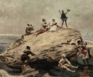 Skoleelever morer sig på den hævede sten: en sten, som Pantagruel installerede på fire søjler på en mark. Pantagruel. Illustration af Jules Garnier. I "Rabelais et l