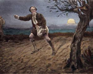 Djævelen sidder i et træ og taler med en bonde, der sår en hund. Pantagruel. Illustration af Jules Garnier. I "Rabelais et l