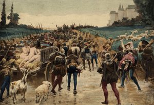 Picrocholes hær, kongen af Lerne, rykker frem mod Grandgousiers land, Gargantuas far. Gargantua. Illustration af Jules Garnier. I "Rabelais et l