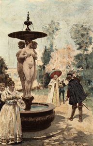 Fontænen i klosteret i Theleme, de tre gratier. Gargantua. Illustration af Jules Garnier. I "Rabelais et l