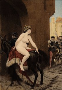Hustruen til kejseren af Milano, Federic (Frederic) Barberossa, der blev jaget ud af byen af milaneserne. Hun rider på muldyret Thacor. Pantagruel. Illustration af Jules Garnier. I "Rabelais et l
