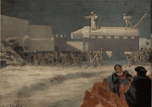 Arbejderne, der bygger den store so under ordre fra Frere Jean, sidder på den. Pantagruel. Illustration af Jules Garnier. I "Rabelais et l