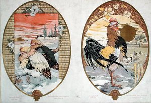 Hane og høns, design til en skærm, ca. 1900 (farve litho)
