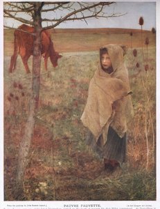 Frankrig, lille; pige; Fauvette; ko; landdistrikterne; fattige; tøj af Jules Bastien Lepage