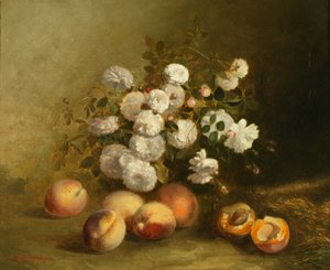 Blomster og abrikoser (olie på lærred) af Jules Bidlingmeyer