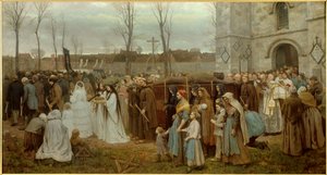 Plantningen af et calvarieoptog foran en bretonsk kirke. Maleri af Jules Breton (1827-1906) 1858 søn. 1,35x2,5 m Lille, musee des Beaux Arts - Opførelse af en Golgata. Procession foran en bretonsk kirke. Maleri af Jules Breton (1827-1906) 1858 af Jules Breton