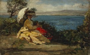 Kvinde med parasol, Douarnenez-bugten, mellem 1870 og 1875 (olie på lærred) af Jules Breton