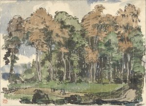 Vej i en skovkant, med bønder på arbejde af Jules Chadel