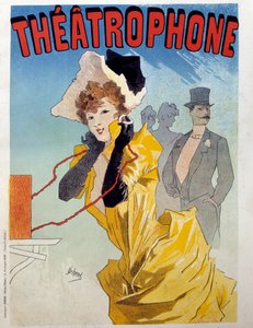 Plakat til teatrofonen: en ung elegant lytter til et stykke teater for lytterne. Illustration af Jules Cheret (1836-1932) Paris fra det 19. århundrede, dekorativ kunst af Jules Cheret