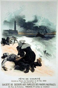 Reproduktion af en plakat, der reklamerer for en "velgørenhedsfest" til fordel for "The Society for the Safety of Families of Shipwrecked Marines" i Trocadero Palace af Jules Cheret