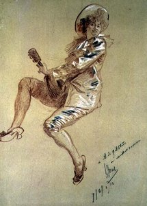 Siddende Pierrette, der spiller mandolin af Jules Cheret