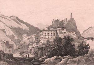 Näkymä Nicastrosta, Calabria, Italia, Dunaimen teräskaiverrus Jules Coignet