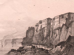 Udsigt over Sorrento med Torquato Tassos hus, Campania, Italien, stålstik af Sauvage efter tegning af Jules Coignet (1798-1860), ca 13x10 cm