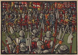Schweizernes sejr over østrigerne i slaget ved Sempach, 9. juli 1386 (farve litho)