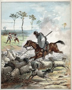 Don Quixote dræber får og troede, de var riddere - Don Quijote på sin hest gennemborer fårene, han tager for riddere - Illustration af Jules David (1808-1892) fra Histoire de Don Quixote (Don Quixote) - 1887 - af Miguel de Cervantes Saavedra (1547) -1616)