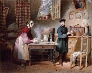 Økonomi. Ungt par i et hus: kvinden putter en tår på bordet, og manden putter en mønt i en sparegris. Farvegravering af Jules David (1800-tallet) Paris, Musee Carnavalet af Jules David