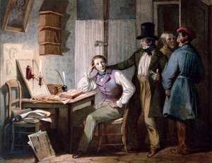 Undersøgelse. En flittig studerende på sit kontor bliver på arbejde, mens hans venner går ud. Farvestik af Jules David (1800-tallet). Paris, Musée Carnavalet af Jules David