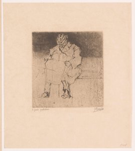 Ældre herre med spadserestok sidder på en bænk Le pain quotidien (titel på objekt) af Jules De Bruycker (signed by artist)