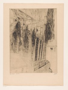 Udsigt over sidefacaden af ​​Sint-Niklaaskerk i Gent Eglise St Nicolas Gand (titel på objekt) Rue du Chapeau Rouge a Gand af Jules De Bruycker (signed by artist)
