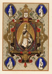 Portræt af Saint Gregory, Pave Gregory I, med triregnum eller tredobbelt krone, og pavelig ferula, inden for en dekorativ kant af Jules Desportes