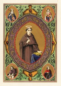 Portræt af Saint Thomas Aquinas, med glorie, fjerpen og bibel, i en dekorativ kant af løv og forgyldt af Jules Desportes