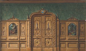 Design til et rum med træpaneler indsat med malerier og en kraftigt udskåret dobbeltdør, 1830-97. Skaber: Jules-Edmond-Charles Lachaise, Eugène-Pierre Gourdet. af Jules Edmond Charles Lachaise and Eugène Pierre Gourdet