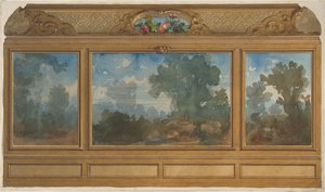 Forhøjning af et panelet interiør dekoreret med malede landskaber og vige med..., 1830-97. Skaber: Jules-Edmond-Charles Lachaise, Eugène-Pierre Gourdet. af Jules Edmond Charles Lachaise and Eugène Pierre Gourdet