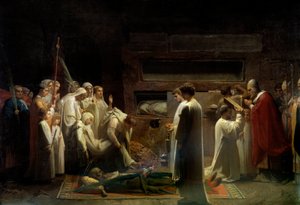 Martyrerne ved katakombernes kristne religiøse forsamling ved begravelsen af de første kristne i Rom. Maleri af Jules Lenepveu (1819-1898) 1855 søn. 1,7x3,36 m Paris, musee d