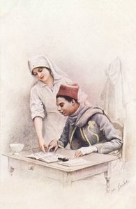 Læselektion. Postkort med "The War of Nations", der repræsenterer en Røde Kors-sygeplejerske, der lærer at læse for en senegalesisk skomand