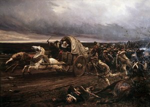 Udgangen af Cholet-oprøret bevæbnet i Vendee i marts 1793, irettesat i oktober af konventet og de republikanske hære, trak de "Hvide" sig tilbage mod Loire. Maleri af Jules Girardet (1856-1938)