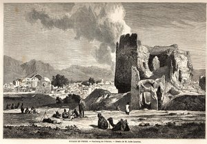 Forstæderne til Teheran (nuværende Iran). Tegning af Jules Laurens (1825-1901), til illustration af Arthur Gobineaus rejse til Persien fra 1855 til 1858. Indgravering i "" Le tour du monde, nouveau journal des voyages"" Paris