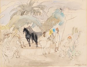 Figurer og to heste i et landskab, 1921 (wc på papir) af Jules Pascin