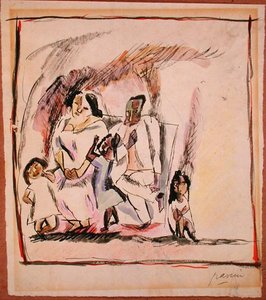 Mor, far og tre børn (akvarel på papir) af Jules Pascin