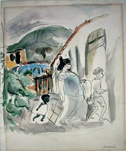 Kvinde og to børn (akvarel på papir) af Jules Pascin