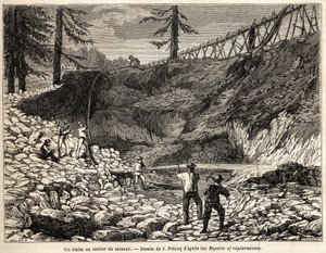 Et minekrav eller værksted i Californien, tegning af Jules Pelcoq, for at illustrere historien om Baron de Wogans tur til Californien i 1850-1852. Indgravering i "" Le tour du monde, nouveau journal des voyages"" Paris af Jules Pelcoq