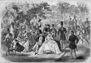 Parisisk livsscene, en eftermiddag ved Bois de Boulogne i det 19. århundrede. Stik efter tegning af Pelcoq. I "" L