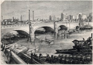 Transformationer af Paris under det andet imperium, Haussmann Paris: Arbejder udført foran Alma-broen i Paris til passage af samlekloaken i bunden af Seinen. Tegning af Jules Pelcoq. Indgravering i "" The Illustrous Unive