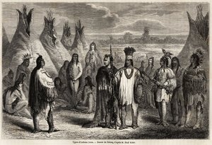 Typer af Crees-indianere fra Canada, tegning af Pelcoq, for at illustrere udforskningen af Rocky Mountains i 1857-59 af kaptajn John Palliser. Indgravering i "" Le tour du monde, nouveau journal des voyages"" Paris